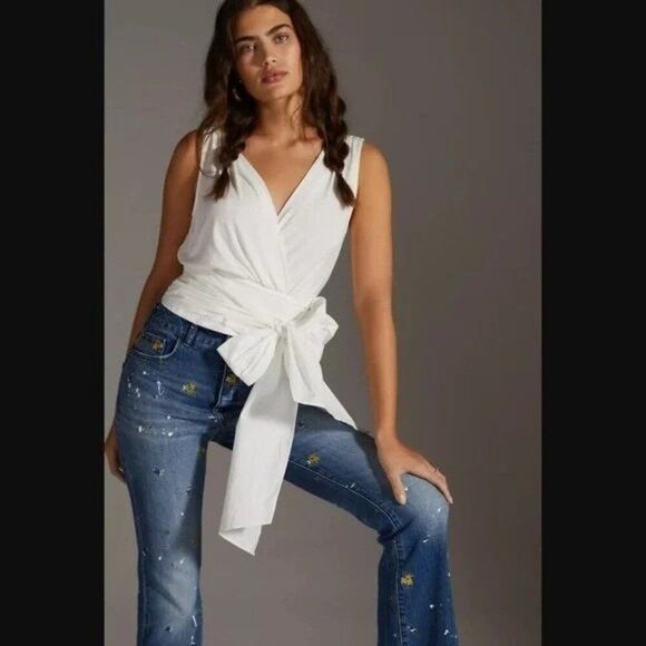 Sunday in Brooklyn x Anthropologie V-Neck White Wrap Top Women's Medium NEW - Picture 1 of 10